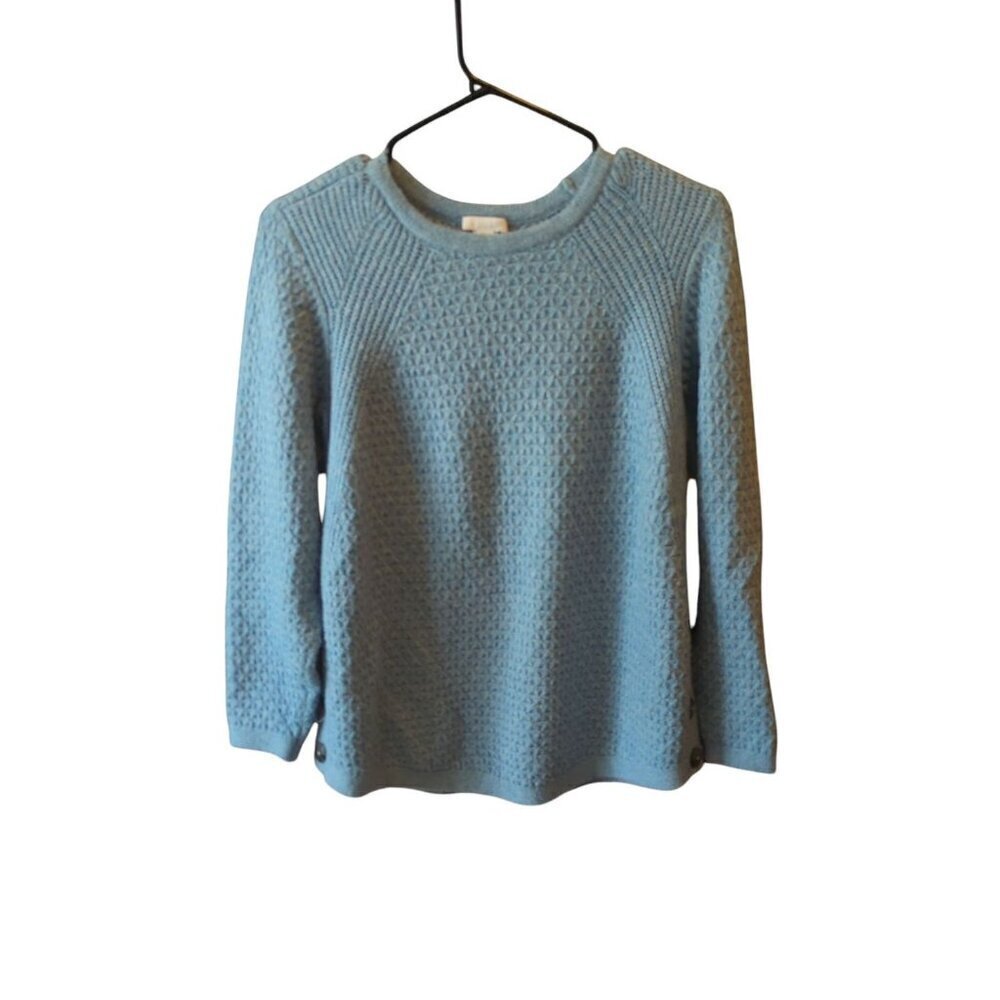 J Jill Cable Knit Sweater Women Small Petite Blue Button Hem Detail Pullover